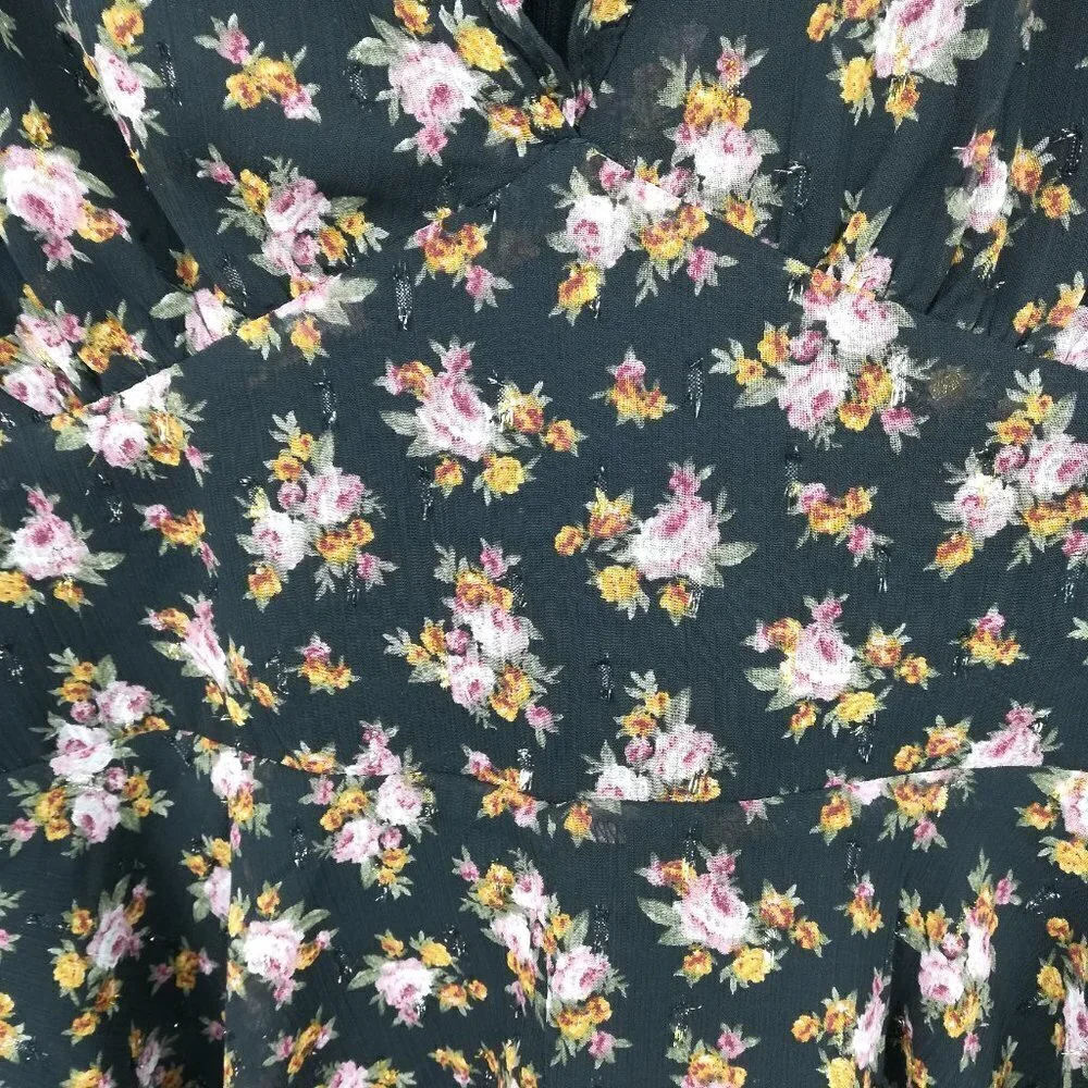 Altar'd State Floral Sheer Shorts Romper Size M Metallic Ruffle Bell Sleeve
